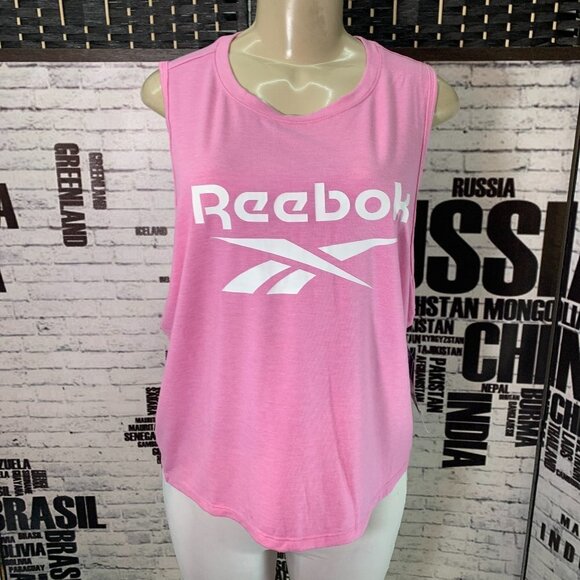 Reebok L  Moonlight Mauve Heather logo  Crew Neck Cut-Out Back Muscle Tee - Picture 1 of 6
